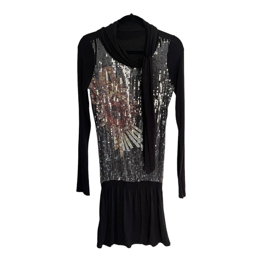 Jil Sander Black Long Sleeve Sequin Mini Dress Size 8 Scarf Collar Italy READ